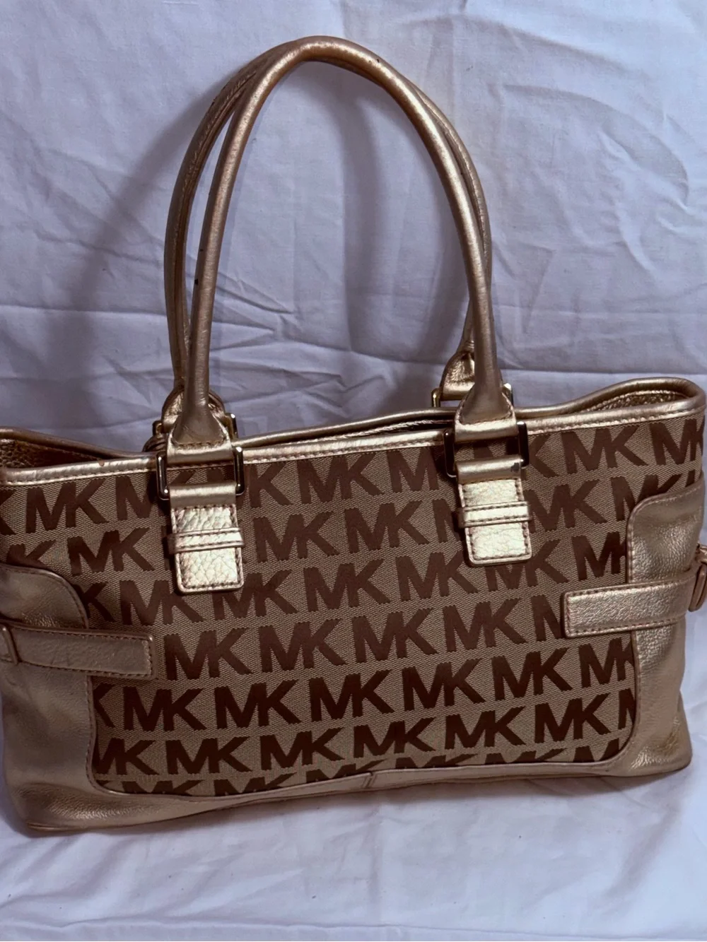 Michael Kors Gold Signature Jacquard Metallic Leather Satchel Bag